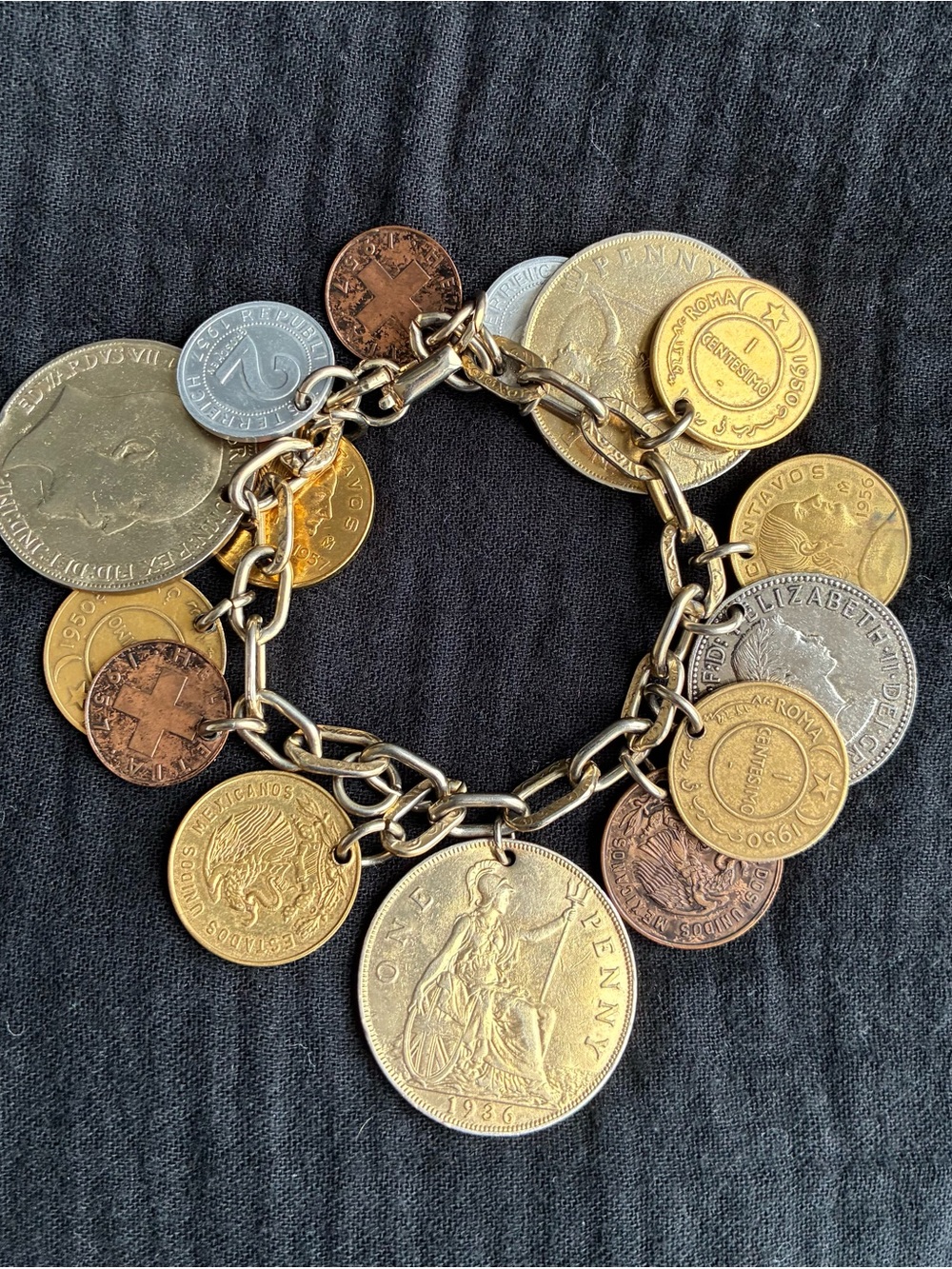 Vintage 925 Sterling Silver World Coin Charm Bracelet 15+ Foreign Coins 1910